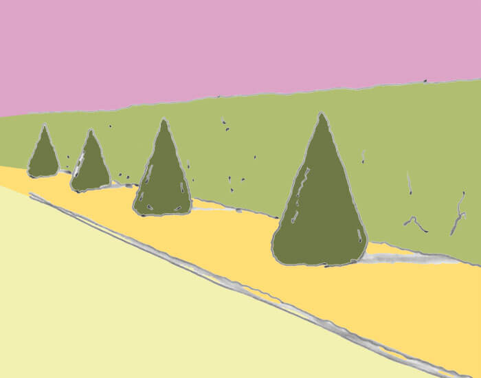 Skizze von Eibenkegeln vor einer immergrünen Hecke. Eiben sind in fast allen Bestandteilen giftig