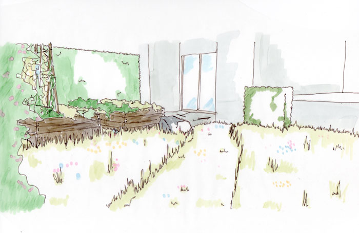 Skizze, Blick von der Gartenbak über Beete und Wiese zur Terrasse in einem kleinen Garten