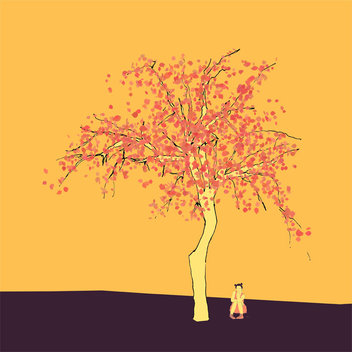 Apfelbaum 7,5m mit Teenagermädchen darunter, Skizze, coloriert
