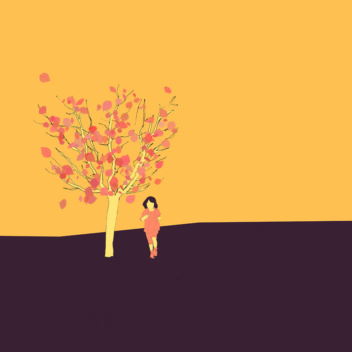 Ein kleiner Apfelbaum (3,5m) mit einem sechsjährigen Kind daneben, Skizze, coloriert