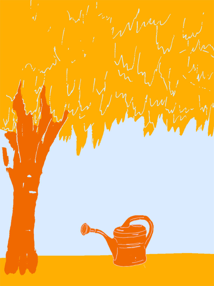 Skizze einen Baumes mit Gießkanne in Sommerfarben