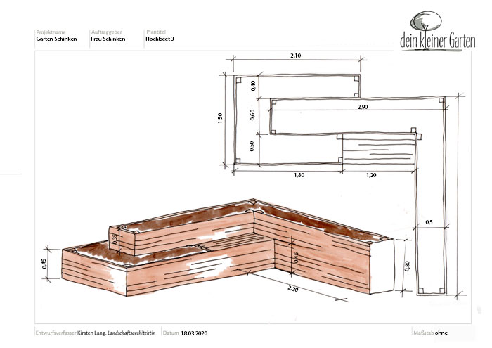 Detail Plan eines Hochbeetes mit verschiedenen Höhen und Sitzgelegenheit
