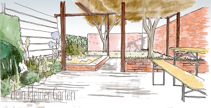 Grafik Garten Konzept Blick über Terrasse
