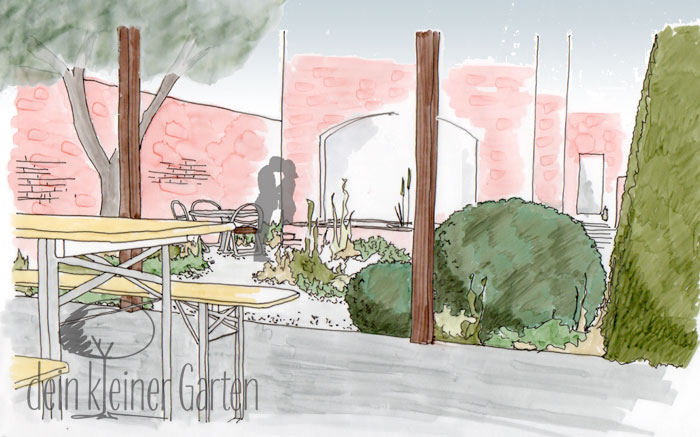 Grafik Garten Konzept Blick von der Terrasse zum Esszimmer