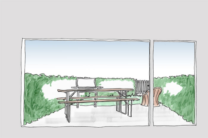 Skizze. Blick aus bodentiefen Fenster auf eine Terrasse mit Terassenmöbeln