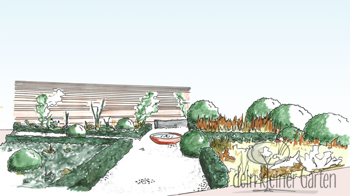 Handzeichnung, koloriert: Perspektivischer Blick in einen Reihenhausgarten von der Terrasse zur Sichtschutzwand am anderen Ende. Der Blick folgt einem Weg, der den ganzen Garten schräg durchschneidet und von einem zweiten rechtwinklig in der Mitte gekreuzt wird. An der Kreuzung steht eine Brunnenschale. Die Beete sind mit unterschiedlichen Pflanzen und Strukturen gestaltet.