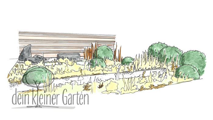 Handzeichnung, koloriert: Perspektischer Blick in einen Reihenhausgarten von der Terrasse zur Sichtschutzwand am anderen Ende über parallel verlaufende Wege und Beete.