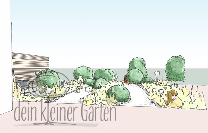 Handzeichnung, koloriert: Perspektischer Blick in einen Reihenhausgarten von der sekundären Terrasse in den Grünzug außerhalb des Gartens. Die Wege und Beete laufen nun in Blickrichtung.