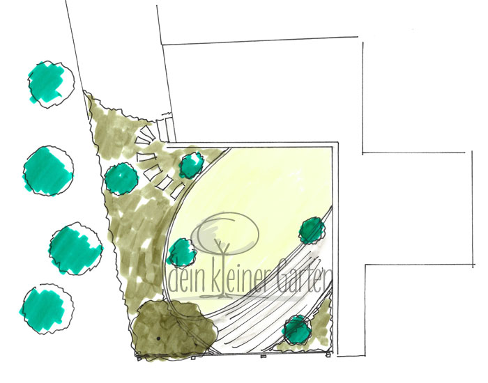 Grundriss eines Gartenkonzeptes für ein Reihenhausgarten. Handgezeichnet, koloriert. Das Zentrum des Garten bildet ein schräg vor der Terrasse liegenden Rasen-Oval.