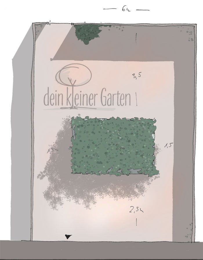 Skizze, handgezeichnet, coloriert
Aufsicht auf einen kleinen Reihenhausgarten mit Mauern als Einfassung und einem zentralem Beet. Ein invertierter Garten, in dem das Beet nicht den Rand, sondern das Zentrum bildet.