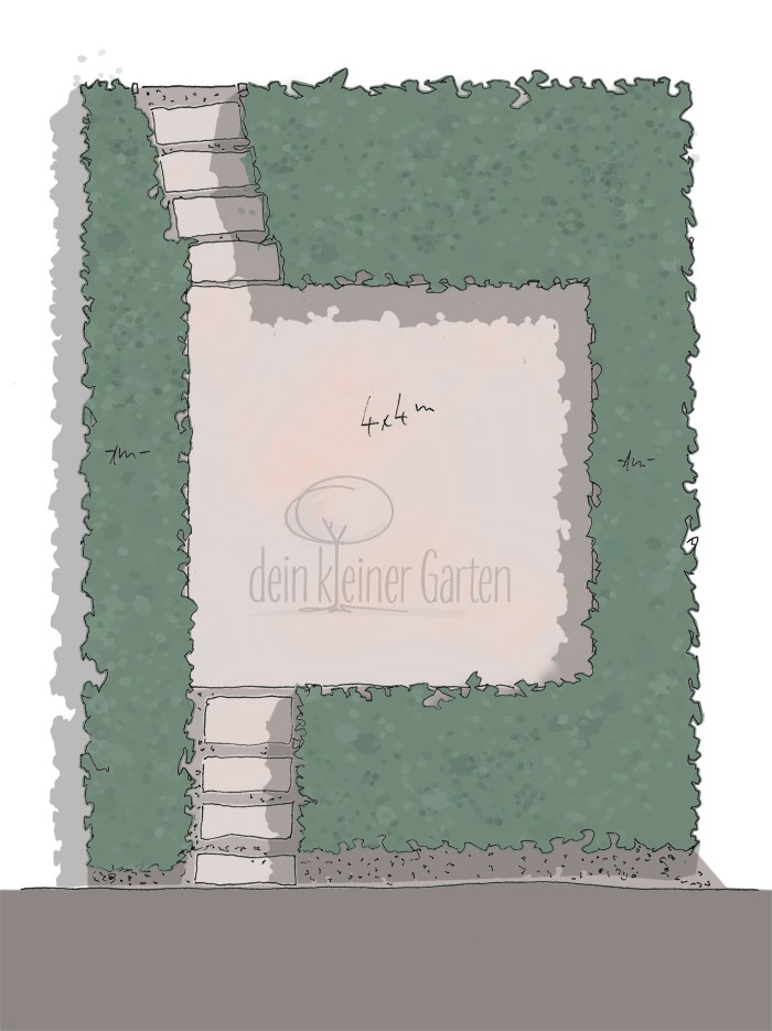 Skizze, handgezeichnet, coloriert, Aufsicht eines Reihenhausgartens mit zentraler Terrasse und umliegenden Beeten, ein Wohnzimmer-Garten